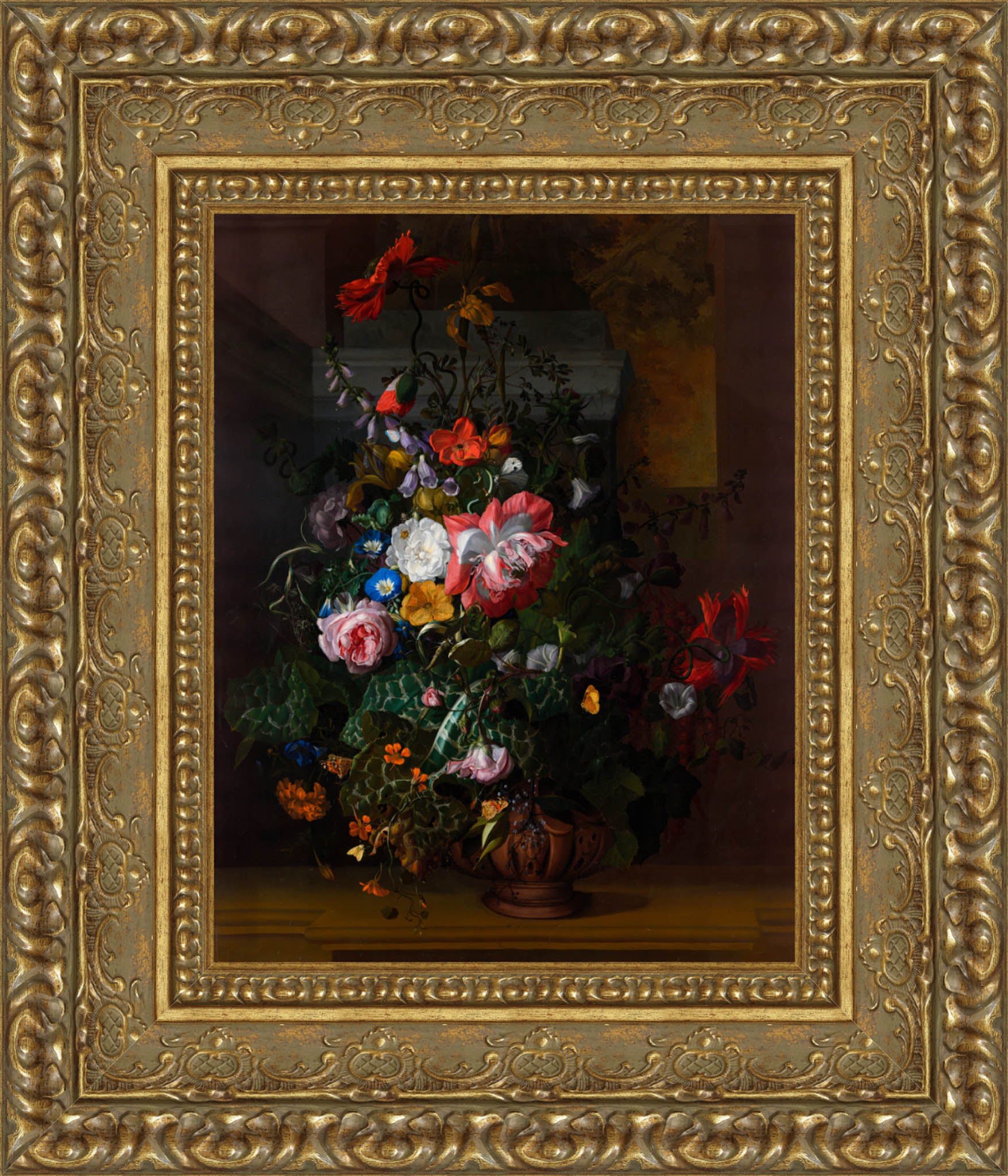 Roses Convolvulus Poppies And Other Flowers In An Urn On A Stone Ledge – Rachel Ruysch, 1680s - Canvas Classics