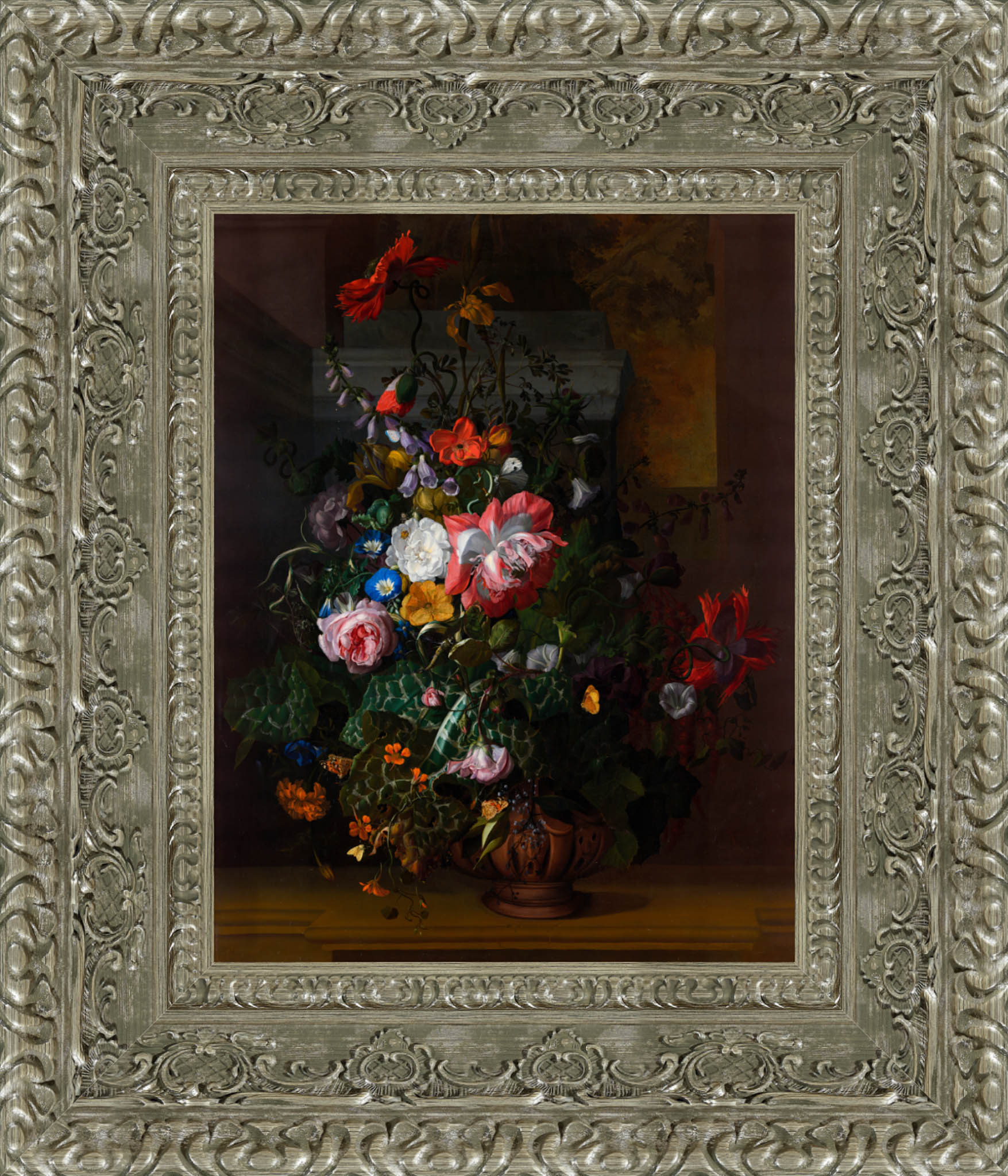 Roses Convolvulus Poppies And Other Flowers In An Urn On A Stone Ledge – Rachel Ruysch, 1680s - Canvas Classics