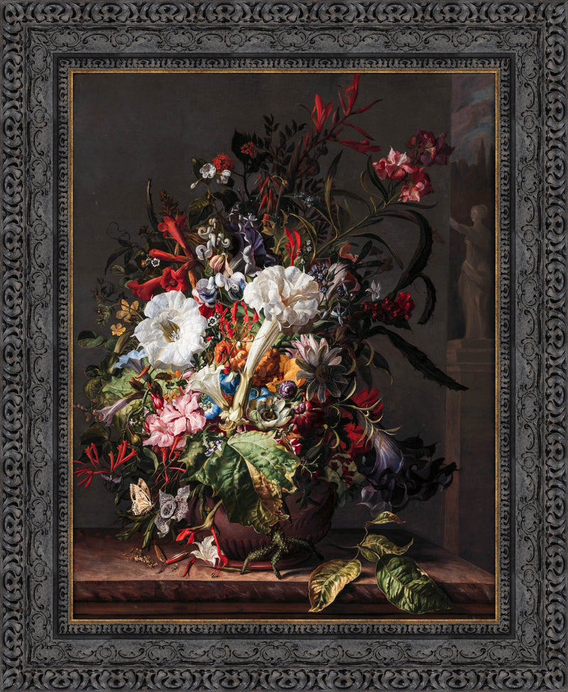 Still Life Of Exotic Flowers On A Marble Ledge – Rachel Ruysch, 1716