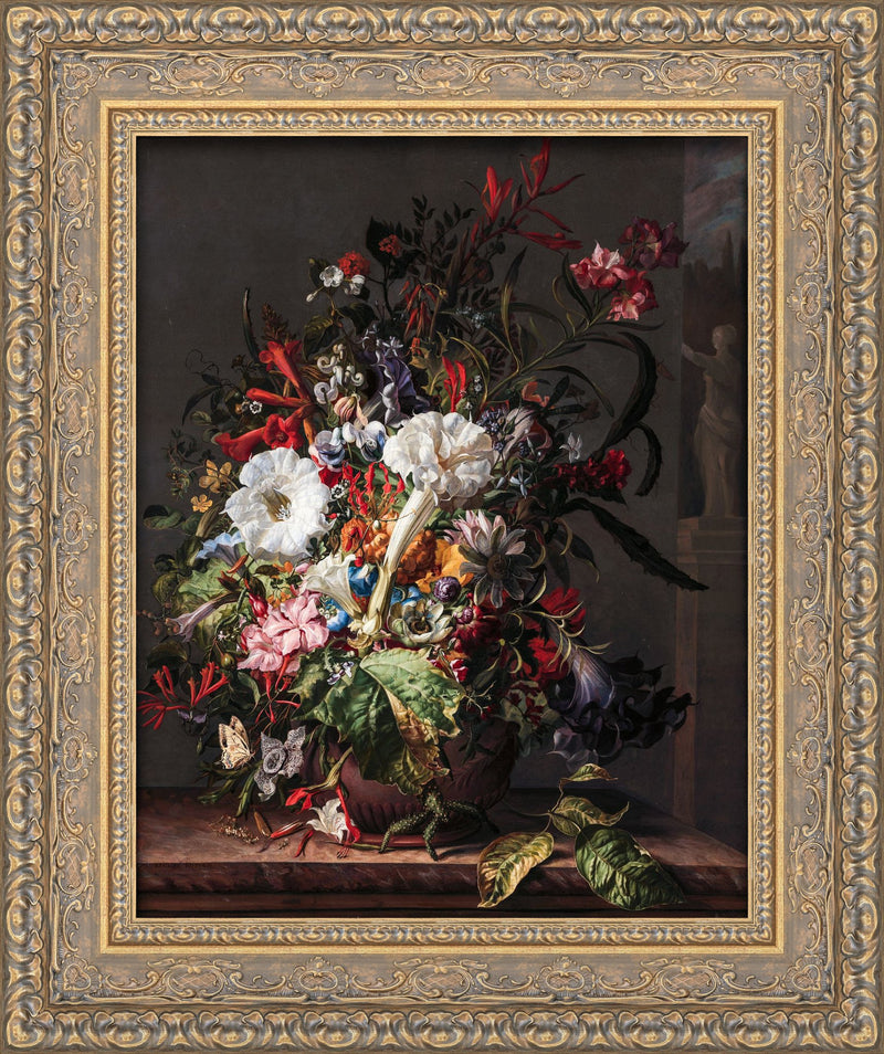 Still Life Of Exotic Flowers On A Marble Ledge – Rachel Ruysch, 1716