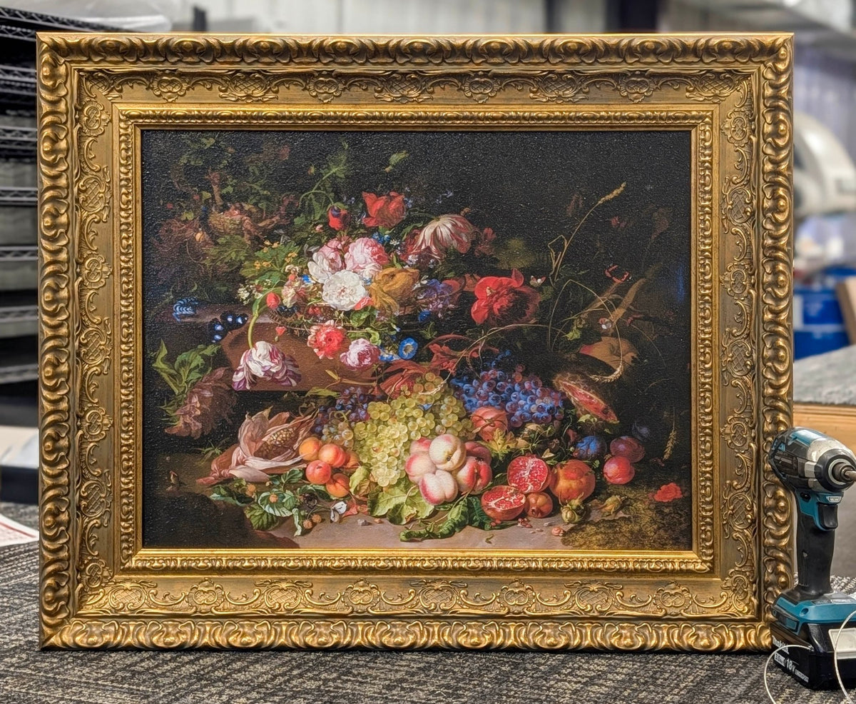 Still Life With Flowers And Fruits – Rachel Ruysch, 1700s, Medium Classic Gold frame, photographed on our worktable