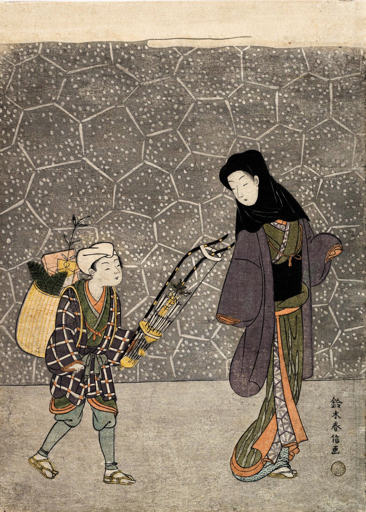 Woman Buying New Year Decorations from a Boy Peddler – Suzuki Harunobu, c. 1765, framed