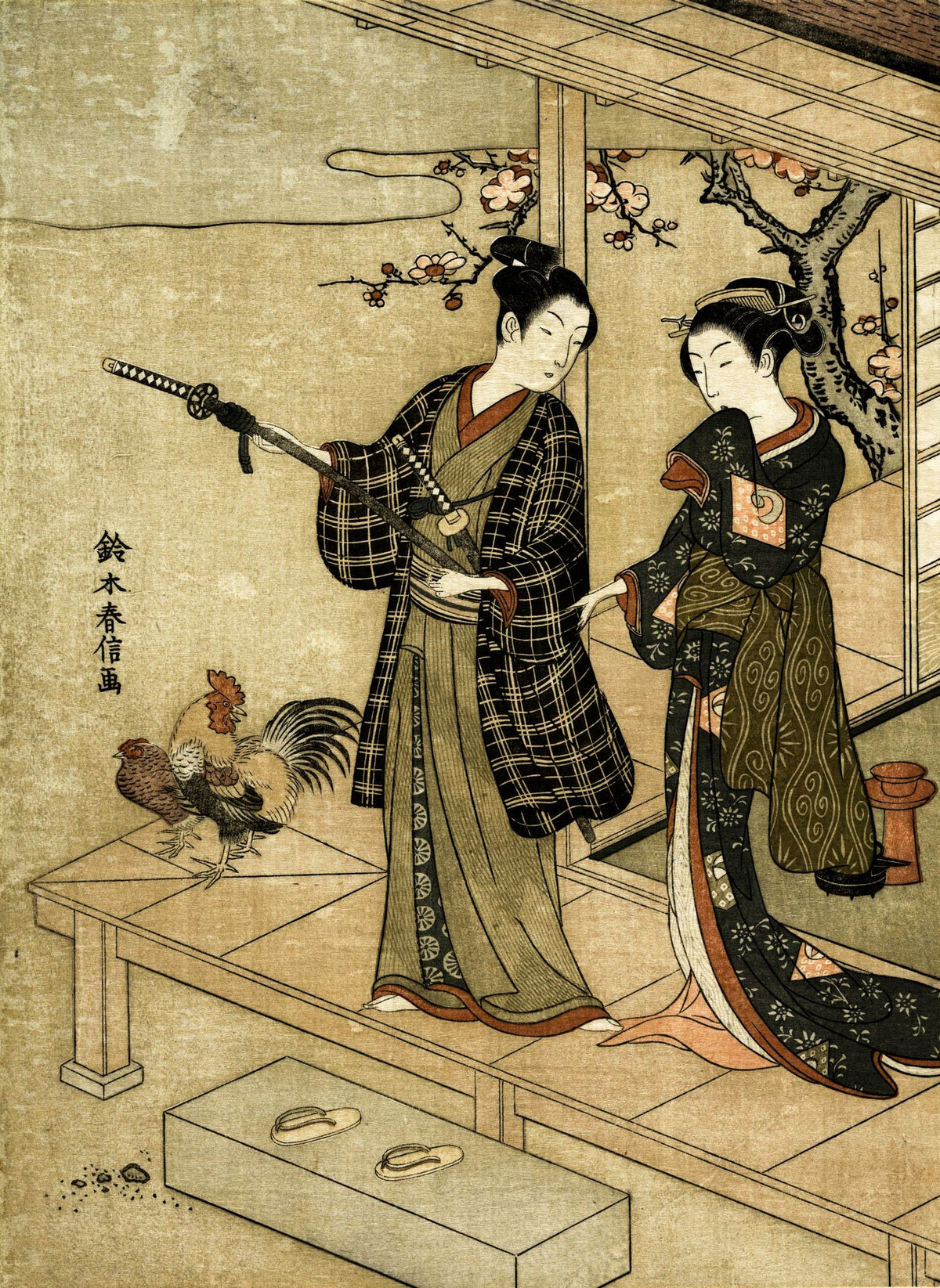 Young Man and Woman on a Veranda with a Rooster and Hen – Suzuki Harunobu, c. 1768, framed