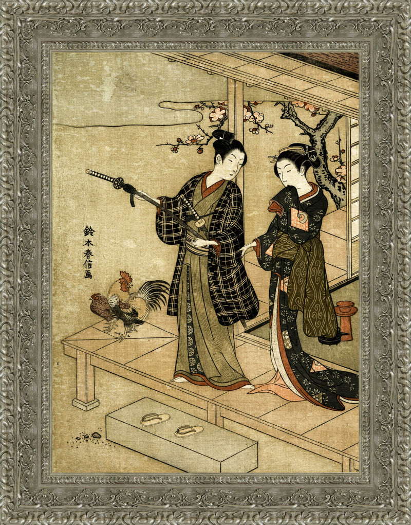 Young Man and Woman on a Veranda with a Rooster and Hen – Suzuki Harunobu, c. 1768