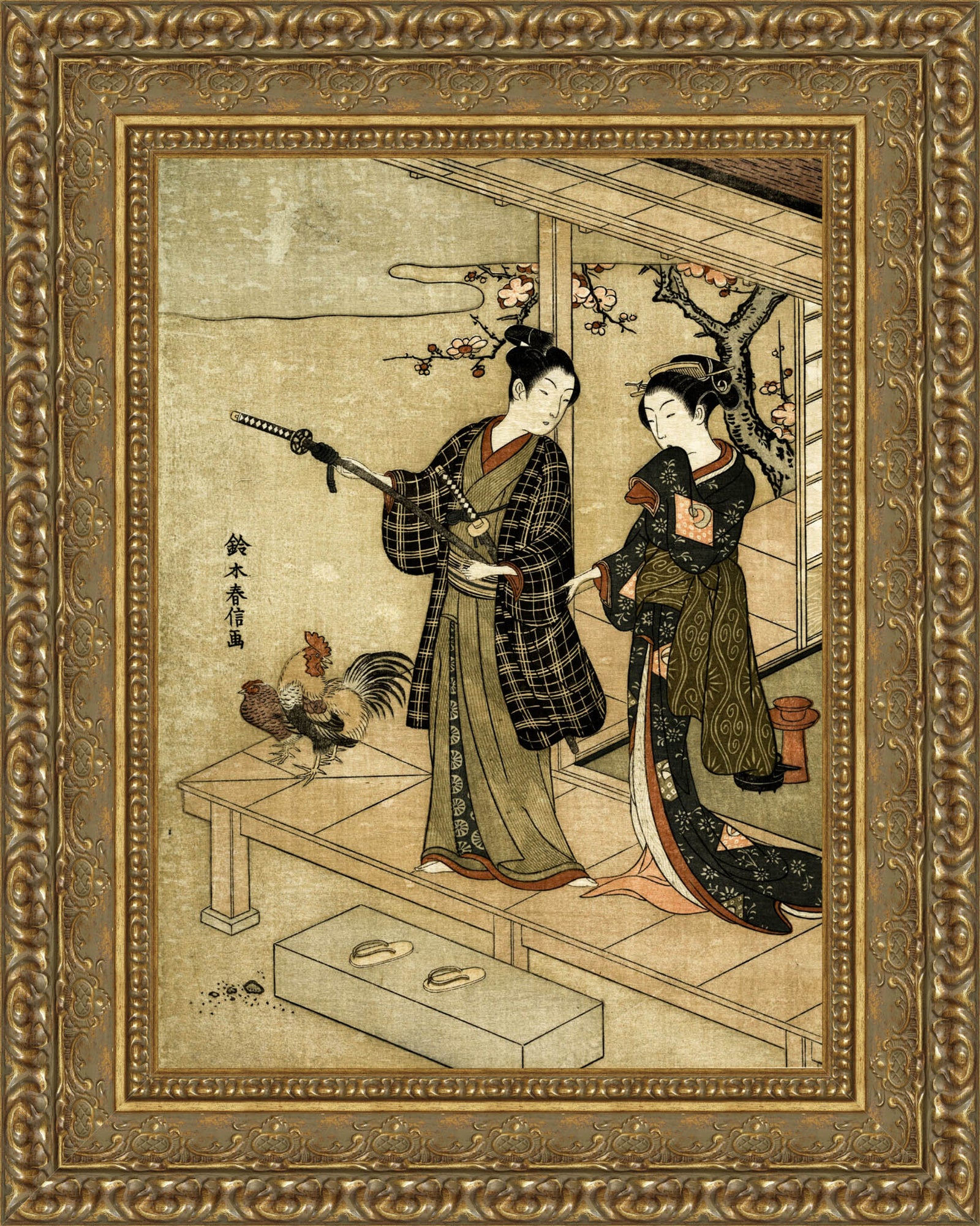 Young Man and Woman on a Veranda with a Rooster and Hen – Suzuki Harunobu, c. 1768