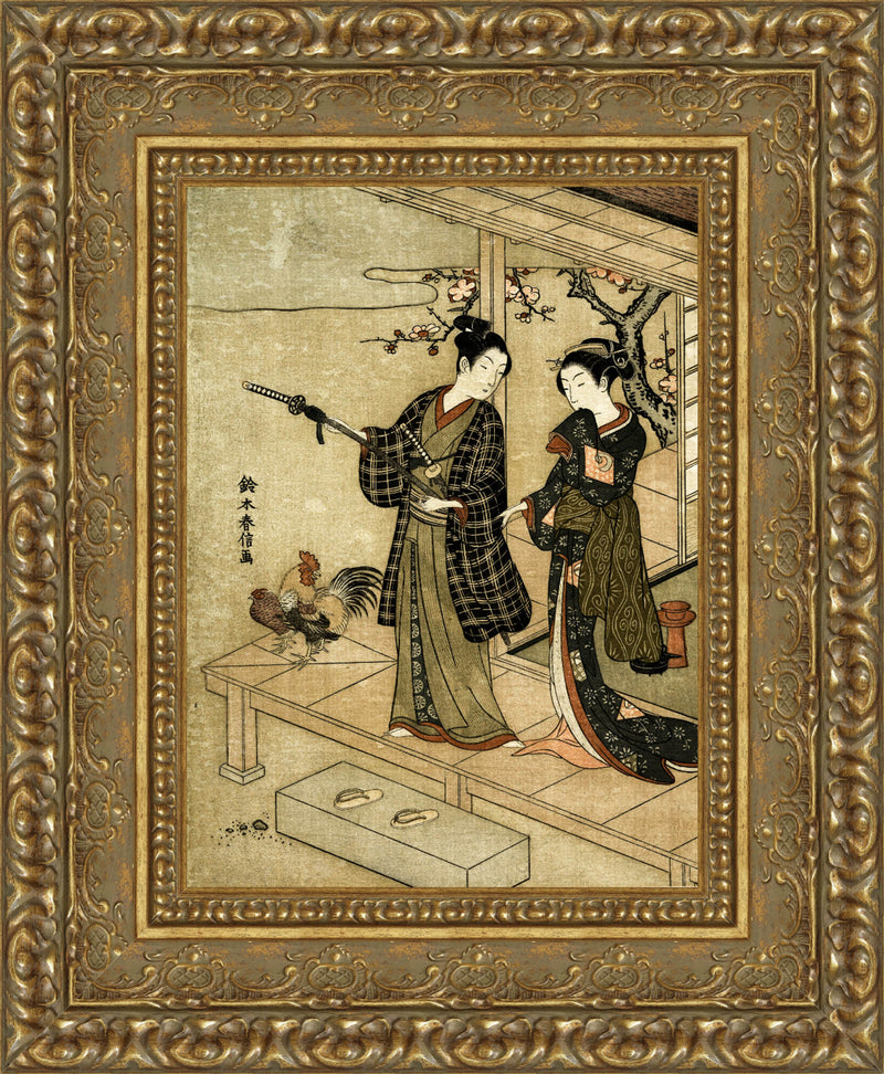 Young Man and Woman on a Veranda with a Rooster and Hen – Suzuki Harunobu, c. 1768