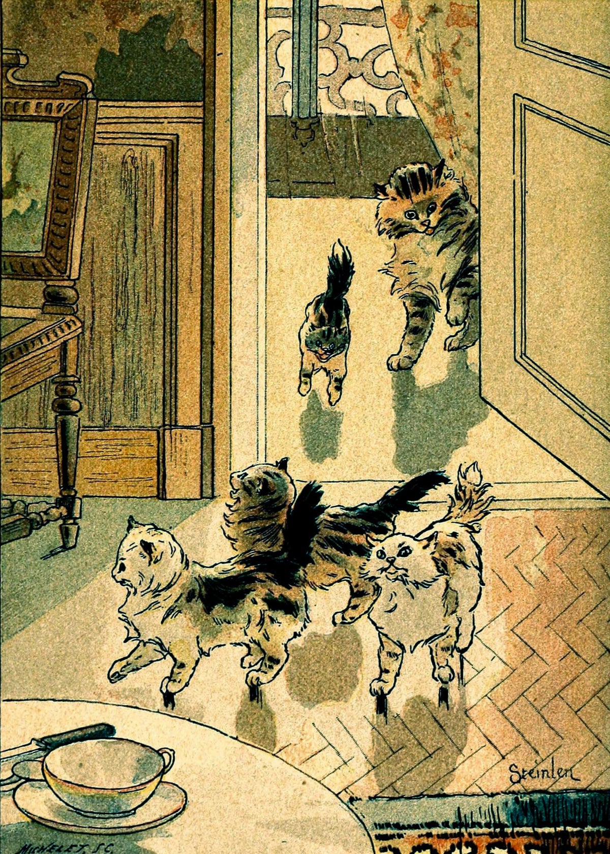 Folle Journée: The Cat Family Came In – Théophile Steinlen, c. 1900, framed