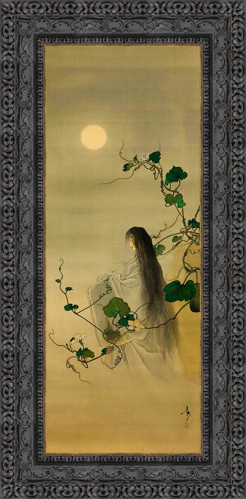 The Spirit of the Deceased Yūgao Entwined in Moonflower Vines – Tsukioka Yoshitoshi, 1886