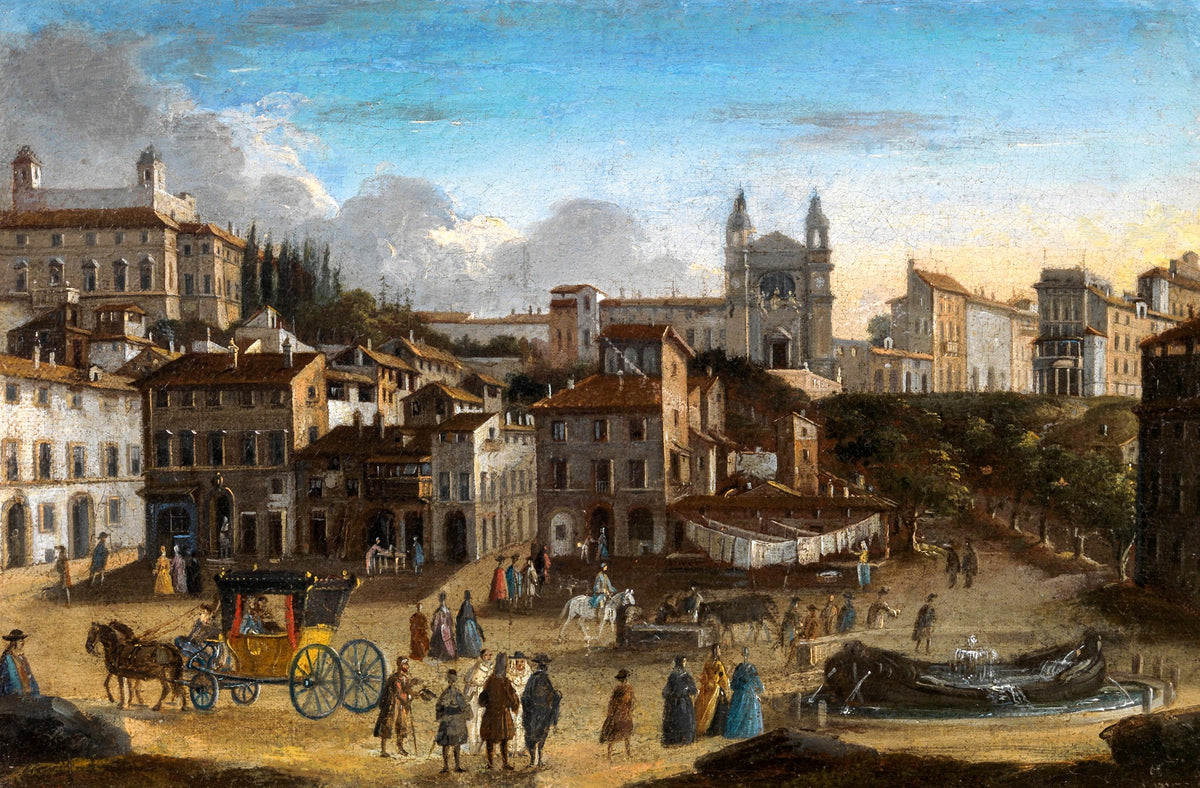 Veduta of a Piazza with Figures – Unknown, c. 1750, framed