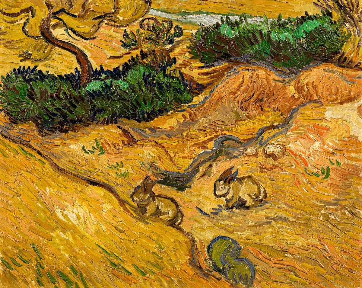 Field with Two Rabbits – Vincent van Gogh, 1889, framed