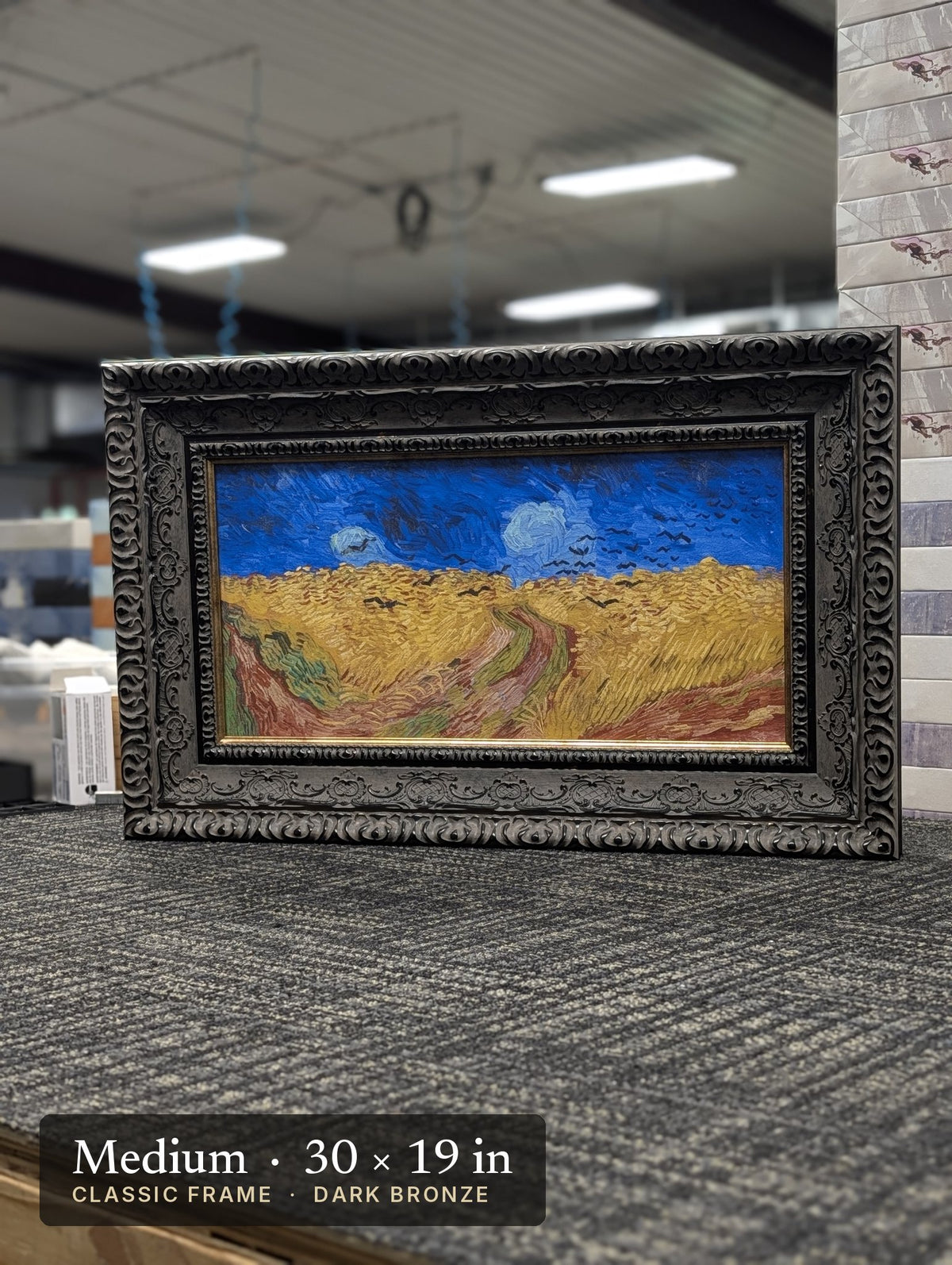 Wheatfield with Crows – Vincent van Gogh, 1890, Medium Classic Charcoal frame, photographed on our worktable