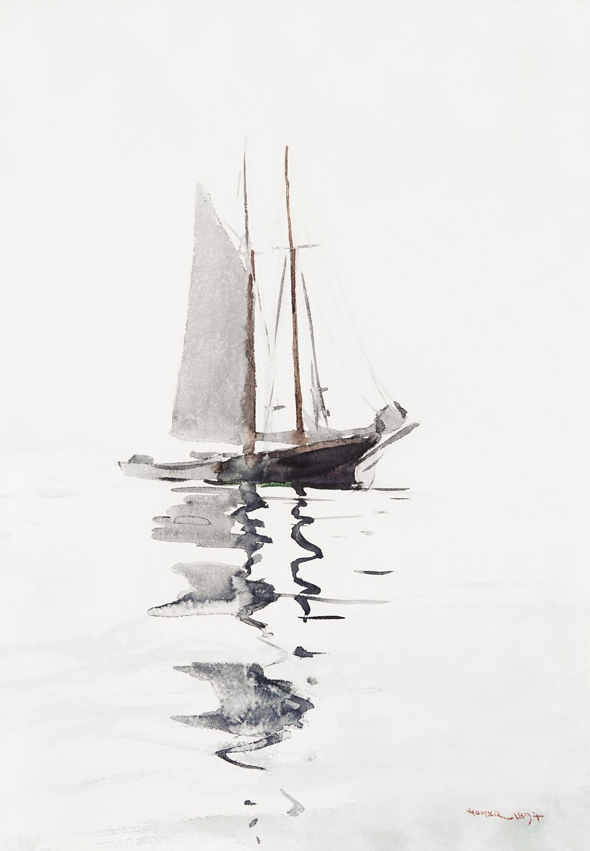 Two-Masted Schooner with Dory – Winslow Homer, c. 1880s, framed
