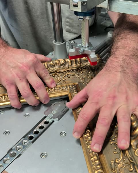 Joining the corner of a gold frame on the V-nailer in our shop